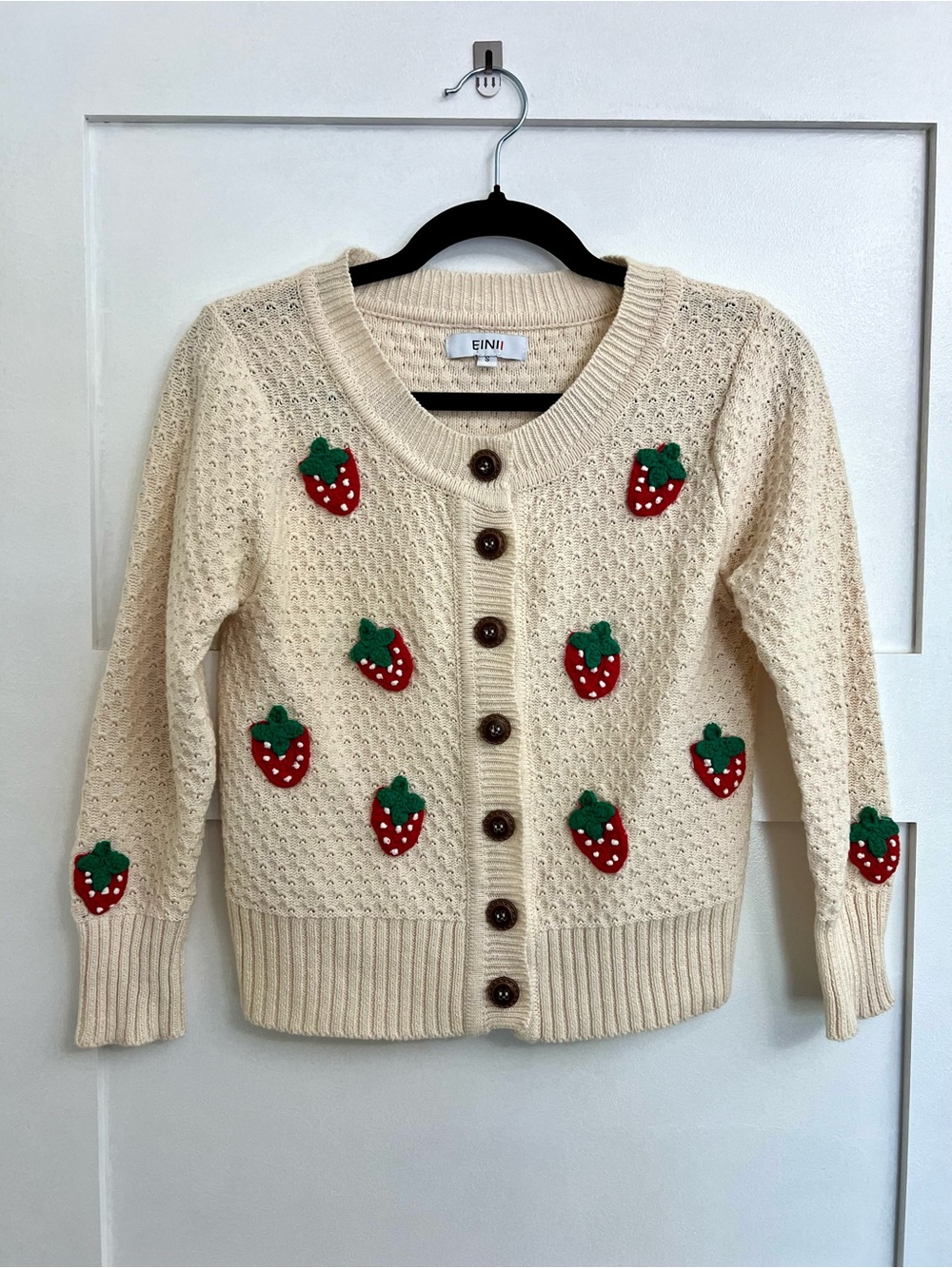 Cream Crochet Strawberry Appliqué Cardigan Sweater